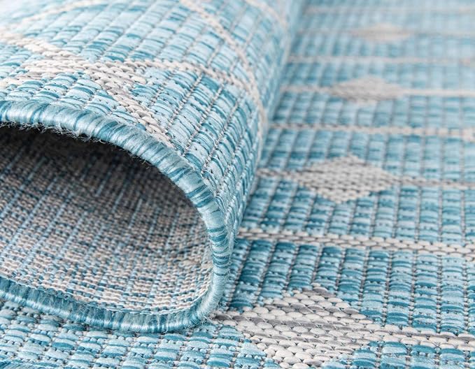 Unique Loom Outdoor Trellis Collection Area Rug - Tribal Trellis (4' 1" Round, Aqua/ Ivory)