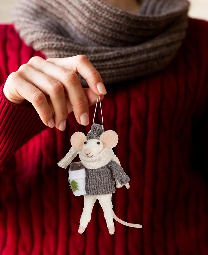 Abbott Collection Mouse with Coffee Christmas Ornament, Pack of 1 | Hand-Crafted Wool Felt, Hanging Ornament, Gray, 5"H