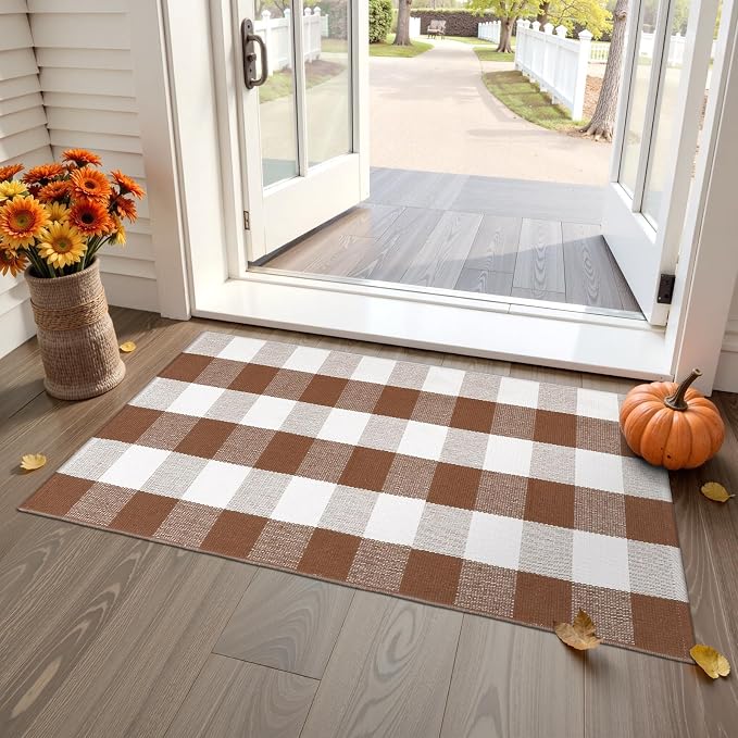 Buffalo Plaid Checkered Rug 24"x51" Fall Front Door Mat Outdoor Welcome Mat | Washable Front Door Mats Outdoor Entrance Porch Entryway Carpet Woven Autumn Welcome Mats Indoor Farmhouse Layered Doormats