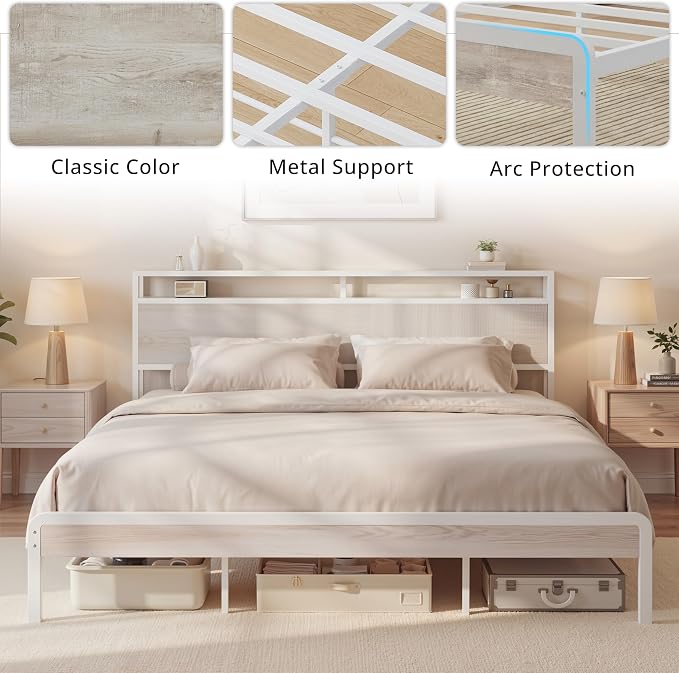 LIKIMIO King Size Bed Frame with 2-Tier Storage Shelf Headboard | Wood Platform Bed, Camas King with Strong Metal Supports, Sturdy, Noise-Free, No Box Spring Needed, White Maple