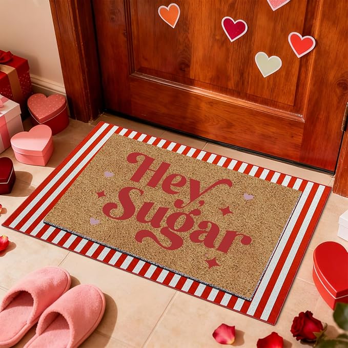 2 Pcs Hey Sugar Door Mat, Valentine Door Mat Valentines Day Welcome Mat Non Slip Coir Doormat Red and White Striped Mat Layering Doormats for Home Bathroom Front Porch Entryway Decor 24"x 32"