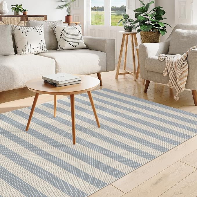 OJIA Striped Area Rug 5'x7' Outdoor Rug, Washable Patio Rugs Camping Rug | Farmhouse Cotton Woven Bedroom Rugs Indoor Outdoor Rugs Living Room Carpet for Dining Room Deck Backyard Camping Blue/White