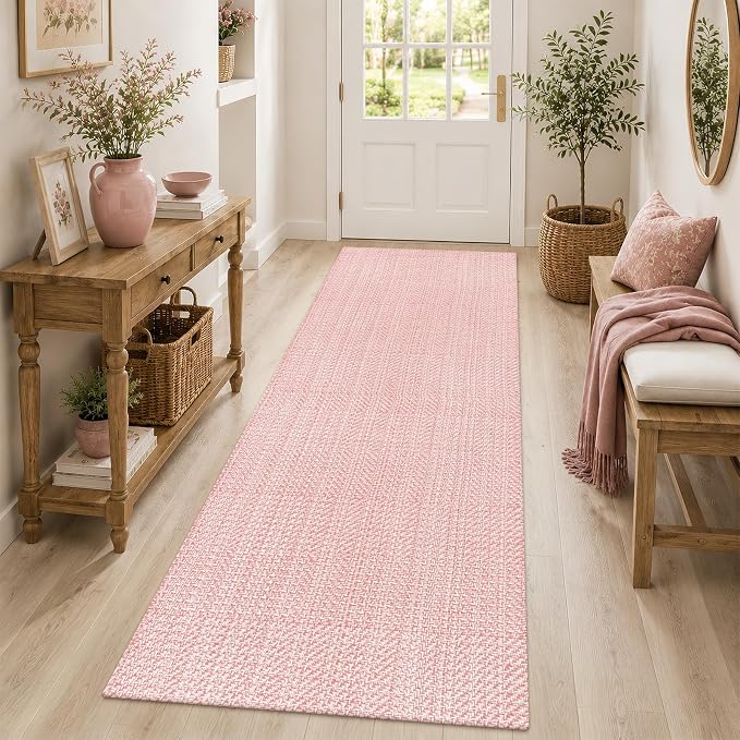 Rugalia Washable Woven Indoor Outdoor Runner Rug 2x6, Pink Cotton Rug Runners for Hallway Non-Slip Long Kitchen Mat, Modern Natural Throw Runner Carpet for Entry Porch Laundry Patio