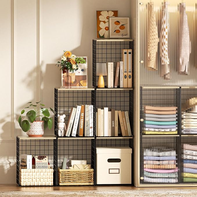 3-Pack Taller Closet Organizers and Storage with Wood Top, Stackable Wire Storage Bins for Clothes, Bags, Towels, Double Storage Design, Sturdy Metal Cube Shelf Organizer for Closet Wardrobe, Black