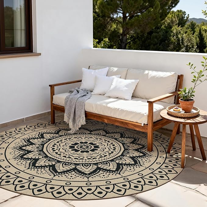 Faux Jute Outdoor Round Rug, 8ft Washable Indoor Outdoor Patio Rug, Black Non Slip Round Area Rug Farmhouse, Boho Carpet for Backyard Patio