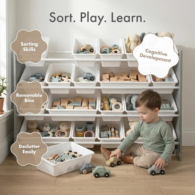Humble Crew Kids Toy Organizer with 20 Bins, 4 Tier Storage for Playroom | Sturdy wood and steel toddler shelf, removable BPA-free containers, wall anchor anti-tip safety kit for bedroom or classroom