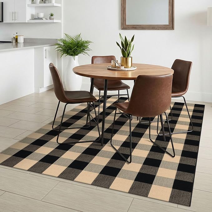 KILOCOCO Buffalo Plaid Checkered Rug 4x6 ft Front Door Rug, Brown and Black | Machine Washable Front Porch Rug, Outdoor Indoor Living Room Rug, Cotton Low Pile Rugs for Kitchen Patio Dining Room
