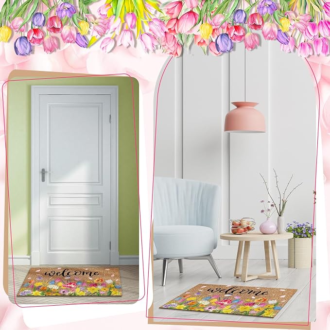 Ceenna Spring Welcome Doormat Outdoor Tulips Flower Coir Doormat Spring Front Door Mat with Non Slip Backing Front Porch Rugs Outdoor Decor for Home Entrance, 16 x 28 Inches