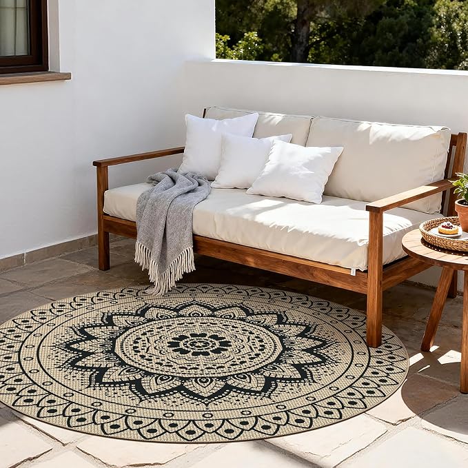 Faux Jute Outdoor Round Rug, 6ft Washable Indoor Outdoor Patio Rug, Black Non Slip Round Area Rug Farmhouse, Boho Carpet for Backyard Patio