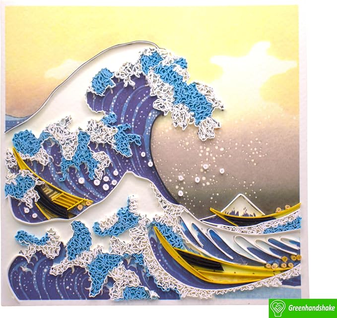 Hokusai's The Great Wave at Kanagawa (1760-1849), Quilling Art Greeting Card - Design Greeting Card for Birthday, Valentine's Day, Mothers Day, Spring, Fathers Day, Graduation, Wedding, Anniversary, Thank You, Get Well, All Occasion. Framable Artwork f...