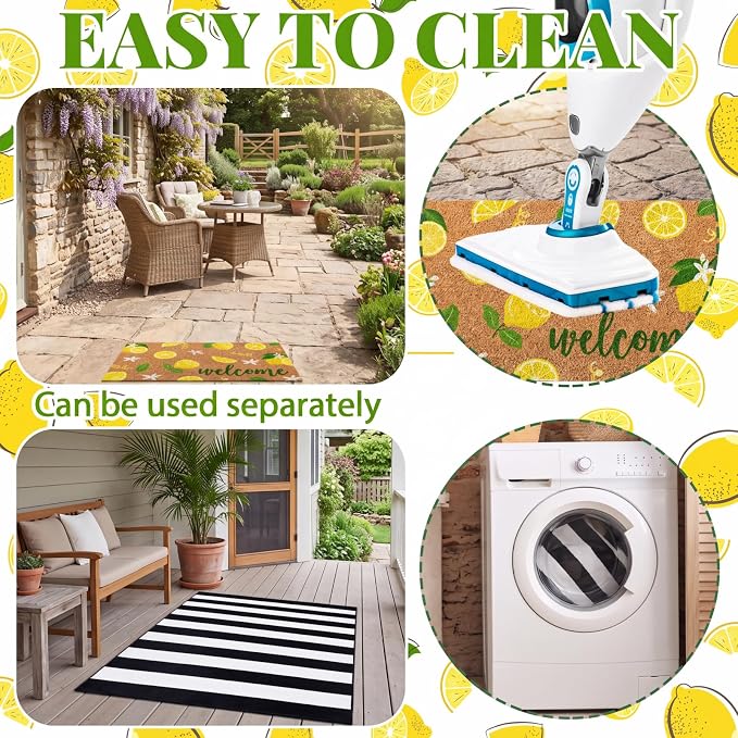 Moucuny 2 Pcs Lemon Coir Doormat Outdoor Summer Lemon Welcome Mats for Front Door 24'' x 35'' Black and White Striped Outdoor Rug 16'' x 28'' Layering Non Slip Summer Welcome Mat for Porch Front Decor