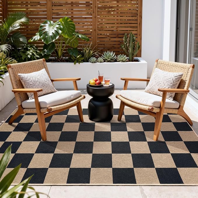EDIMENS 3x5 Outdoor Rugs Checkered Easy Jute Front Door Mat Entryway Rug | Black Washable Non Slip Indoor Outdoor Rug Farmhouse Neutral Living Room Carpet for Backyard Porch Balcony Patio