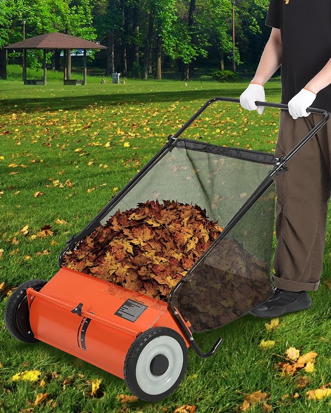 21-Inch Push Lawn Sweeper, 3.5 Cu. Ft. Hopper Capacity Leaf & Grass Collector with 4 Spinning Brushes, Adjustable Height, for Grass Clippings, Leaves & Debris, Orange