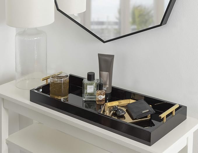 Kate and Laurel Lipton Narrow Decorative Tray with Polished Metal Handles, 10 x 24, Black and Gold, Chic Accent Tray for Display and Storage