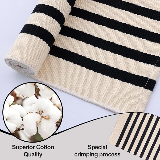 OLANLY Beige and Black Striped Rug 2'4" x 3'7" (27.5" x 43") – Washable Cotton Doormat for Indoor Outdoor Use, Layered Front Porch Rug for Entryway, Kitchen, Patio