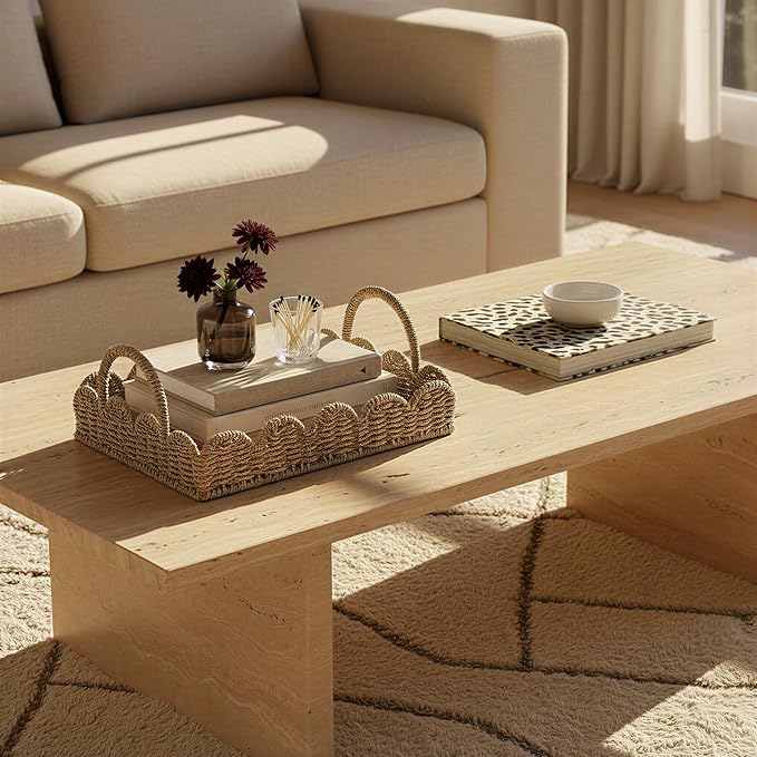 Household Essentials Seagrass Decorative Tray with Scalloped Edge, Handwoven Natural Wicker Organizer Basket with Handles & Iron Frame for Coffee Tables, Bathrooms & Countertops