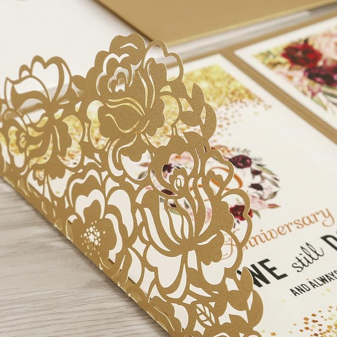 DORIS HOME 50Pcs Personalized Laser Cut Wedding Invitations, Gold | 4.7"x7.1", Customized Anniversary Invitations, With Envelopes