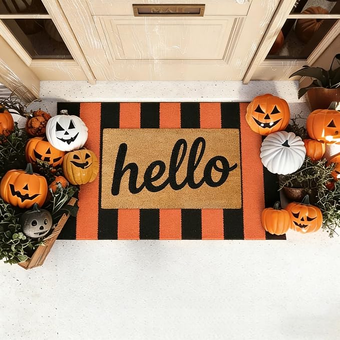 Striped Outdoor Rug 27.5x43 Orange and Black Front Door Mat, Halloween Layering Rug for Porch, Washable Doormat, Cotton Area Rug for Outdoor Entrance Entryway Patio Porch Decor