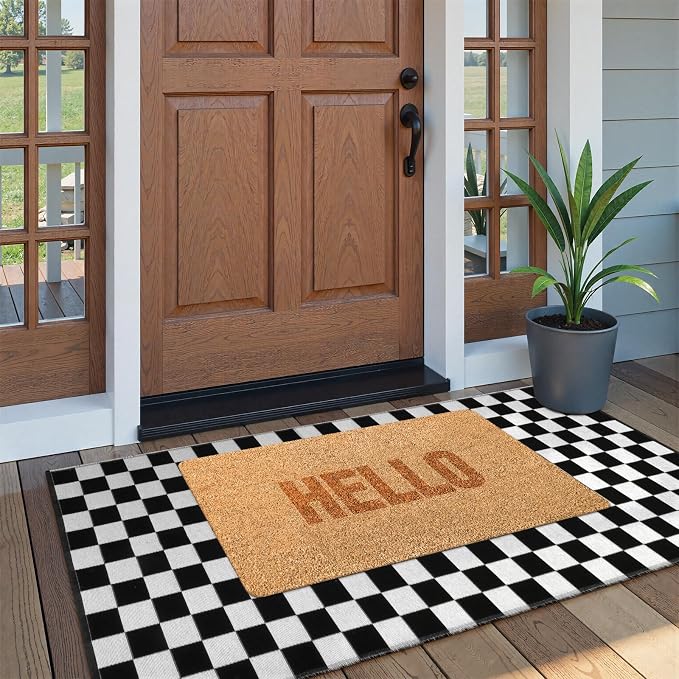 Seavish Black and White Checkered Rug, 2x4.3 Ft Outdoor Front Door Rugs | Low Pile Washable Cotton Woven Runner Rugs, Reversible Layered Floor Door Mat for Front Door Hallway Entryway Porch Patio