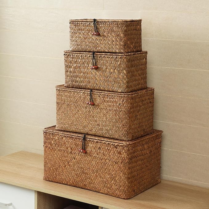 4 Pack, Wicker Baskets with Lids, Natural Seagrass Storage Baskets, Woven Rectangular Basket Bins, Rattan Storage Organizer for Shelf (Coffee, Set of 4)