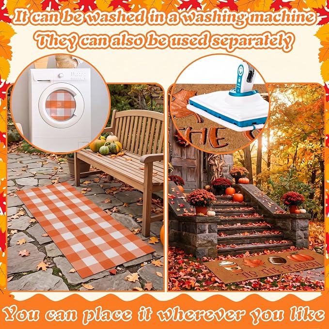 Moucuny 2 Pcs Fall Football Coir Doormat Outdoor, Tis The Season Welcome Coir Doormat 16 x 47, Layered Orange White Plaid Rug 22 x 56, Non-Slip Backing, Fall Autumn Porch Entryway Patio Decor