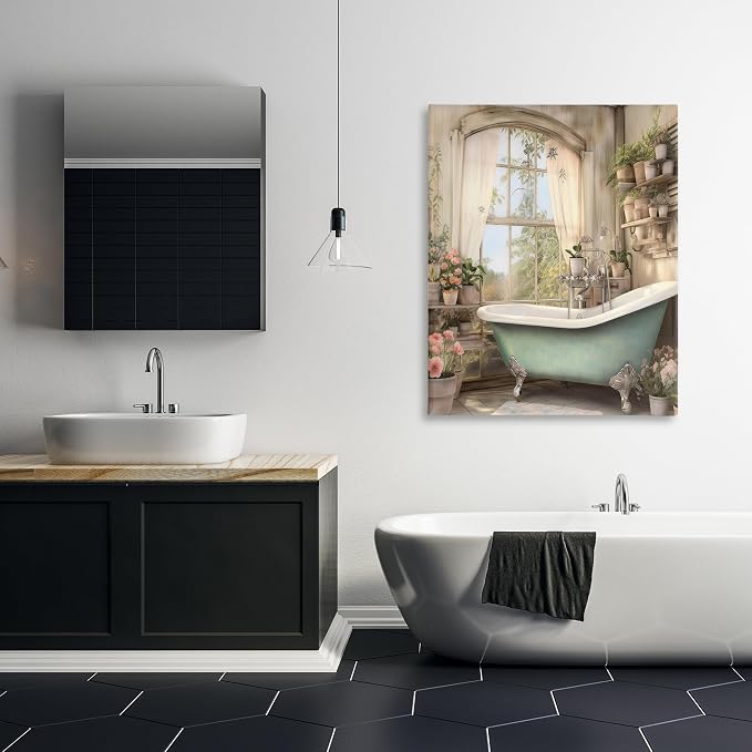 Bathroom Floral Filled Shelves, 36 x 48 Inch Canvas Wall Art | Stupell Industries · By Lettered and Lined · Ready to hang · Serene cottage charm for bathroom spaces · Made in USA