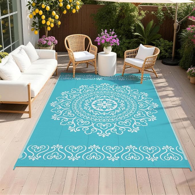 Pauwer Outdoor Rug 5x8, Waterproof Plastic Straw Camping Rug, Floral Teal | Reversible Patio Rug, UV Resistant Indoor Outdoor RV Mat Carpet For Deck, Camper, Porch, Balcony, Backyard, Picnic, Foldable