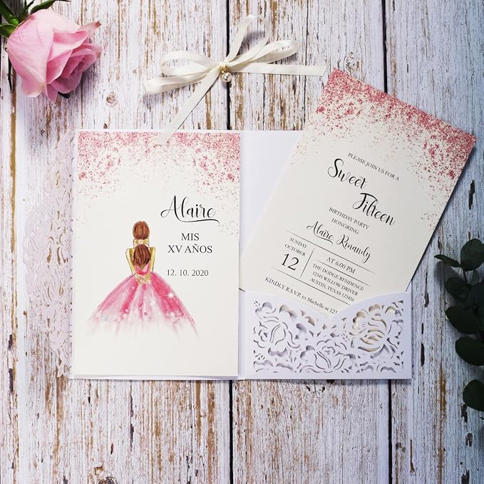 50PCS White Customized Quinceanera Invitation Cards with Envelopes 5x7.3 Inch Laser Cut Hollow Rose Pocket with Ribbon invitations for Quincenera Birthday Invite