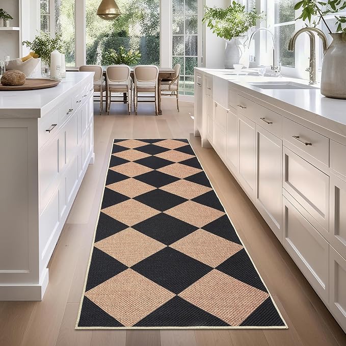 Garvee 2x8 Easy Jute Front Porch Rug, Modern Geometric Runner Rug with Non Slip Backing, Diamond Washable Rugs for Entryway, Stain Resistant Non Shedding Mats for Bedroom, Kitchen, Patio, Black/Brown