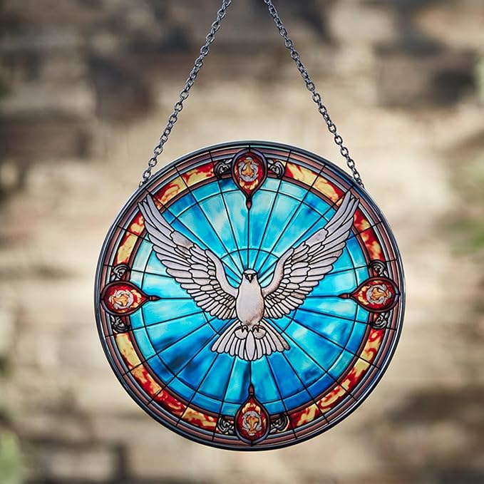 Christian Brands Catholic Inspirational Décor - Stained Glass Window Hanging for Home or Church, 6" Dia, Holy Spirit