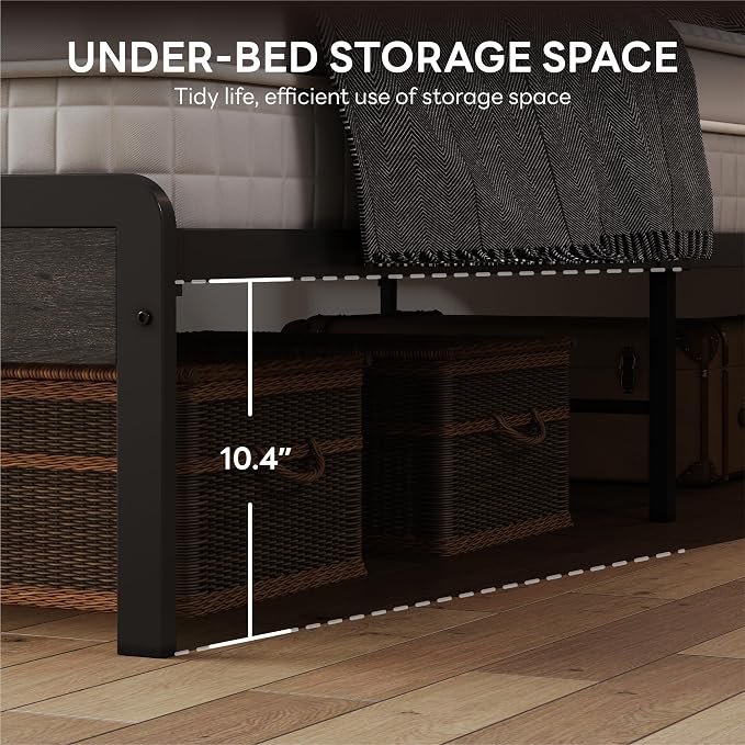 LIKIMIO California King Bed Frames with 2-Tier Storage Shelf Headboard | Dark Wood Platform Bed, Camas California King with Strong Metal Supports, Sturdy, Noise-Free, No Box Spring Needed, Grey