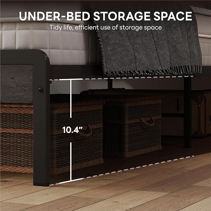 LIKIMIO Full Size Bed Frame with 2-Tier Storage Shelf Headboard | Dark Wood Platform Bed, Camas Full with Strong Metal Supports, Sturdy, Noise-Free, No Box Spring Needed, Grey