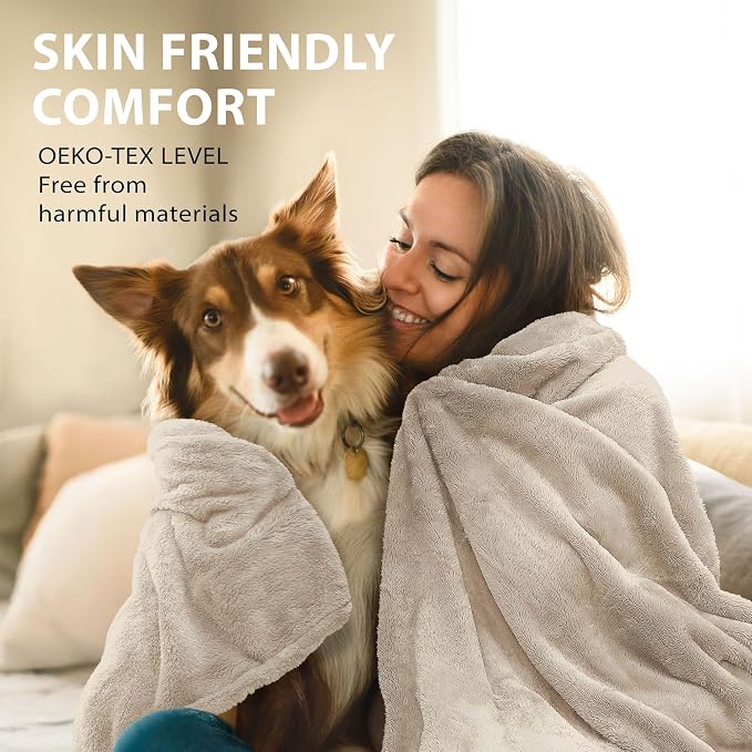 DEZ FURNISHINGS Ultra Soft Plush Fleece Throw Blanket, Double Sided Cozy Thick Warm Blanket for Sofa & Bed, Queen (90" x 92"), Beige
