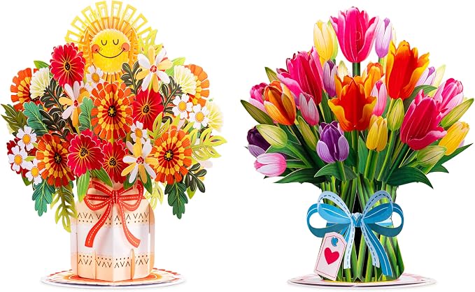 Paper Love HugePop Flower Bouquet Pop Up Cards 2 Pack - Includes 1 Happy Bouquet and 1 Tulip Flower Bouquet, Gift For Mothers Day, Birthday, Valentines Day, All Occasions - Jumbo 10" x 14" Card