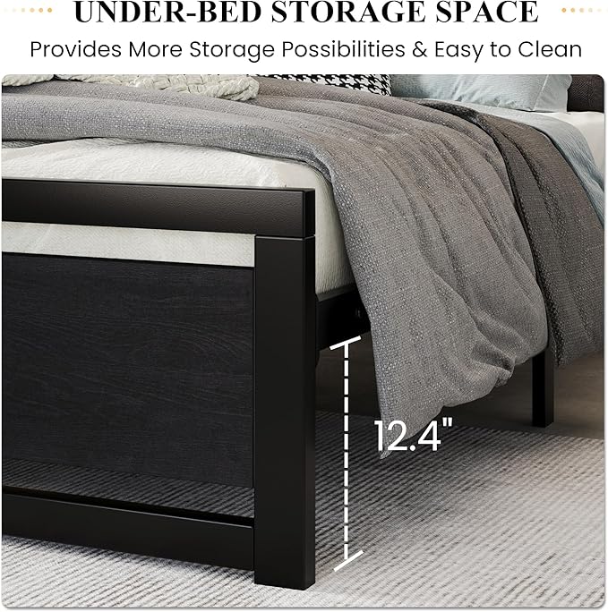 SHA CERLIN Heavy Duty King Size Bed Frame with Modern Headboard, Black | Platform Metal Base with Footboard and 13 Slats Support, No Box Spring Needed
