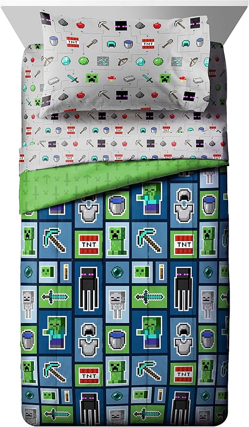 Minecraft Creeper Twin Comforter Set 4 Piece Kids Bedding for Boys, Multi | Zombie, Bed in a Bag, Comforter Sheets Pillowcase, Official Product, Soft Microfiber, Machine Washable, Boys Gift