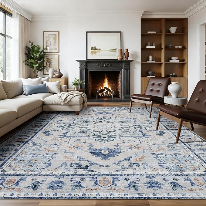 Joydeco 8x10 Area Rugs for Living Room, Non Slip Machine Washable Vintage Rug, Low Pile Chenille Print Rugs for Bedroom, Dining Room, Home Office, Pet & Child Friendly, Blue&Grey