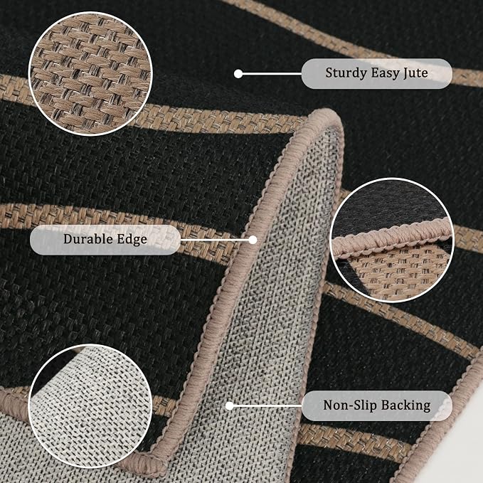 Easy Jute 2x3 Black Wave Area Rug,Washable Entryway Rug, Small Modern Door Carpet,Neutral Non-Slip Outdoor Indoor Farmhouse Rug for Kitchen Patio Entry Porch