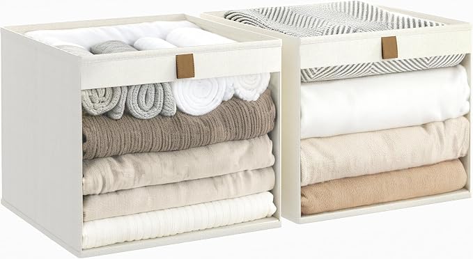Linen Closet Organizers and Storage, Closet Storage Bins Basket Organizer, Foldable Organization Baskets with Mesh Window for Clothes Towels and Toys, 11" x 11" x 11", Beige, 2 pack