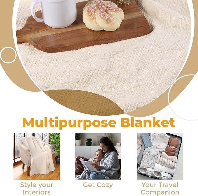 Superior Metro All-Season Cotton Blanket, Woven Blanket for Couch, Bed, Bedding, Farmhouse, Home Essentials, Cute and Cozy Bohemian Blankets, Herringbone Weave, Twin Size, Ivory