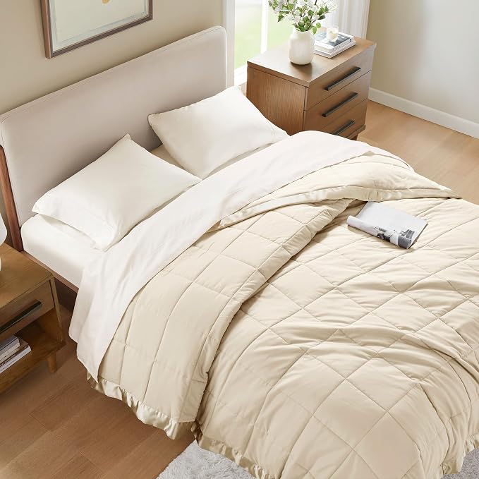 Madison Park Down Alternative Queen Blanket for Bed, Satin Trim, Cream | Lightweight Windom Blanket Full Size Premium 3M Scotchgard Moisture Wicking Treatment, OEKO TEX, Soft Bed Cover, All Season