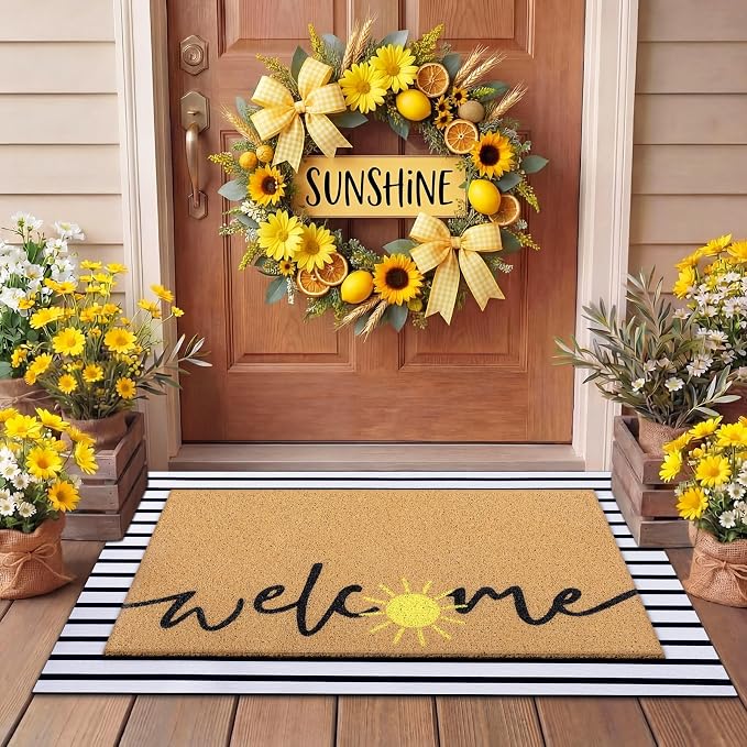 Tinideya 2 Pcs Summer Layered Door Mats Set, Sun Welcome Coir Mats with Stripe Rug for Front Porch Entryway Decor