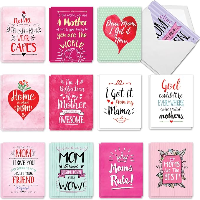 The Best Card Company 36 Assorted Mother's Day Notecards Bulk Box Set 4 x 5.12 Inch w/Envelopes (12 Designs, 3 Each) Greeting Card Pack for Daughter, Girlfriends - Mom Notes AM3138MDG-B3x12