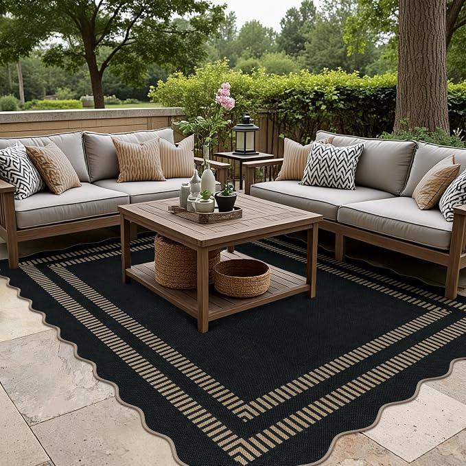 Scalloped Modern Easy Jute Carpet, 5x7 Outdoor Patio Washable Area Rug, Indoor Black Kitchen Rugs Farmhouse Neutral Non Slip Rug for Living Room Patio Entryway