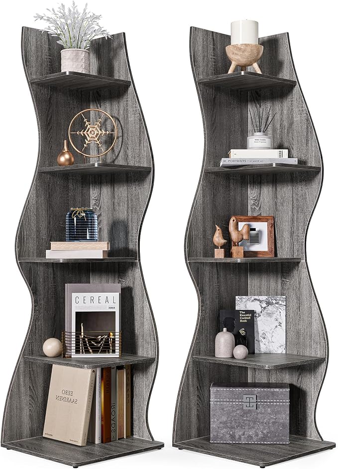 LITTLE TREE 70-Inch Corner Shelf, Seaweed Shaped Etagere Display Bookshelf, Freestanding 5-Tier Wall Shelves for Small Spaces, Living Room, Bedroom, Grey, 2 Pack
