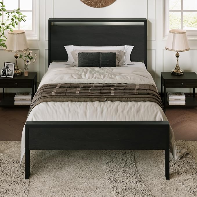 Allewie Twin Size Bed Frame, Heavy Duty 12 Metal Slats Support, Black Oak | Wooden Headboard and Footboard, Modern Platform Bed, No Box Spring Needed, Under-Bed Storage, Noise Free, Easy Assembly