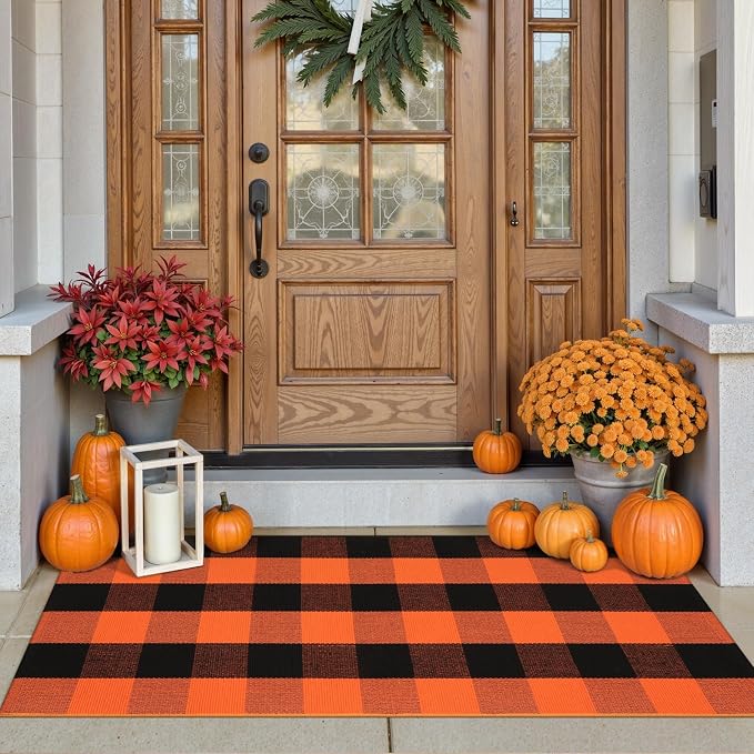 Collive Buffalo Plaid Checkered Outdoor Rug, Black and Orange Halloween Fall Decor Door Mat, 2x4.3 Front Porch Rug, Washable Cotton Welcome Mat Layered Doormat Outside Entrance for Kitchen Entryway