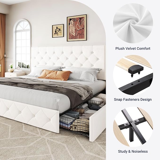 Allewie Upholstered King Size Platform Bed Frame with 4 Storage Drawers and Adjustable Headboard, Diamond Button Tufted, Wooden Slats Support, Noise-Free, No Box Spring Needed, Easy Assembly, White