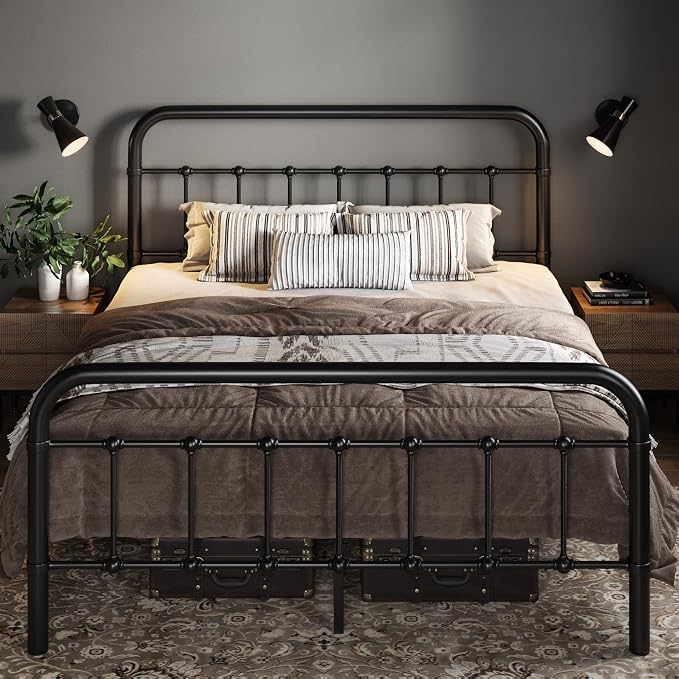 Allewie Full Metal Bed Frame with Victorian Iron-Art Headboard, Black | Victorian Style Wrought Iron-Art Headboard/Footboard, Easy Assembly, Under Bed Storage, No Box Spring Required