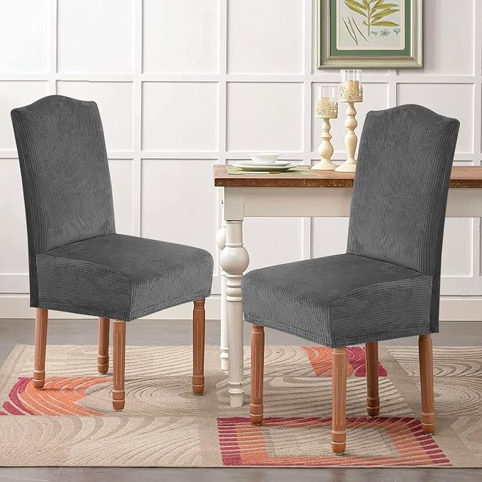 H.VERSAILTEX Velvet Dining Chair Covers Stretch Chair Covers for Dining Room Set of 2 Parson Chair Slipcovers Chair Protectors Covers Dining, Soft Thick Solid Velvet Fabric Washable, Grey Striped